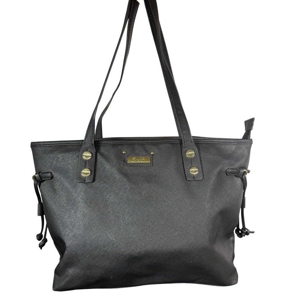 Marc Fisher Black Saffiano Faux Leather Tote Bag Gold Hardware Zip Top Shoulder